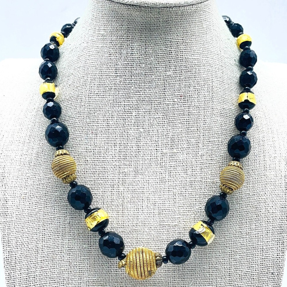 Signed Hattie Carnegie Black Gold Bead Necklace Vintage Statement Piece